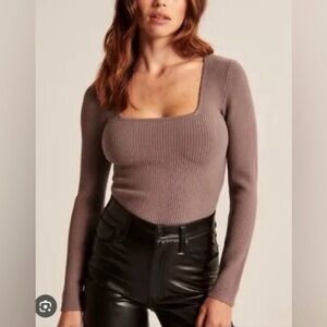 Abercrombie & Fitch Grey Mauve Knit Ottoman Square-Neck Long Sleeve Bodysuit